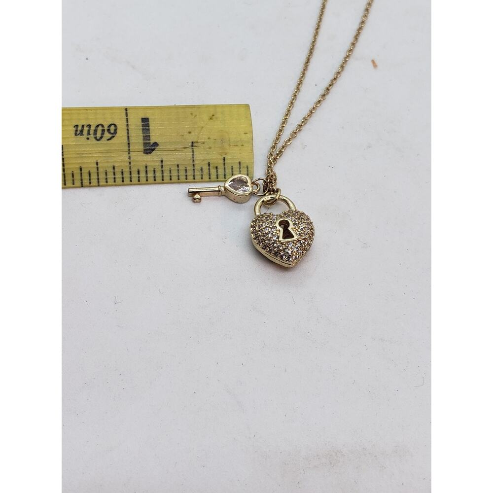 14k Gold Plated Heart Lock & Key Pendant Necklace Rhinestones Love Charm Gift - Picture 7 of 10